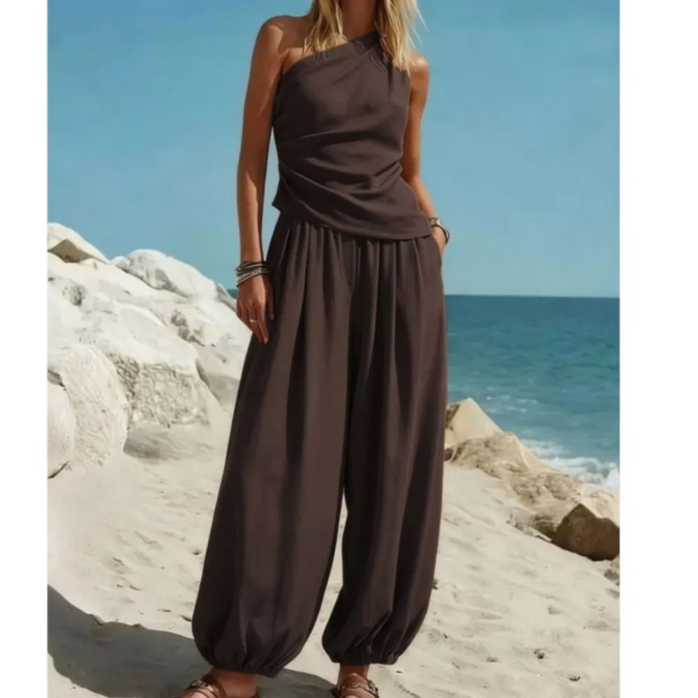 Fashion Slanted Shoulder Sleeveless Women's Tops Trousers 2 Piece Set Summer Casual Loose Wide-leg Trousers Female Vacation Set