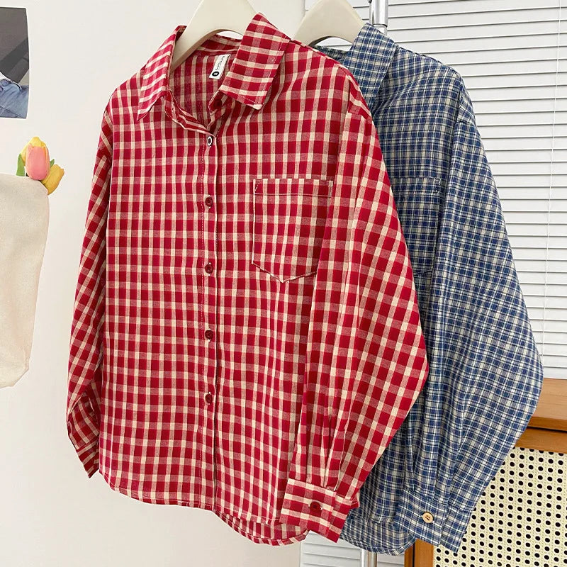 Korean-style Vintage Plaid Shirt New Spring And Autumn Casual Versatile Top Loose And Slimming Versatile College-style Shirt