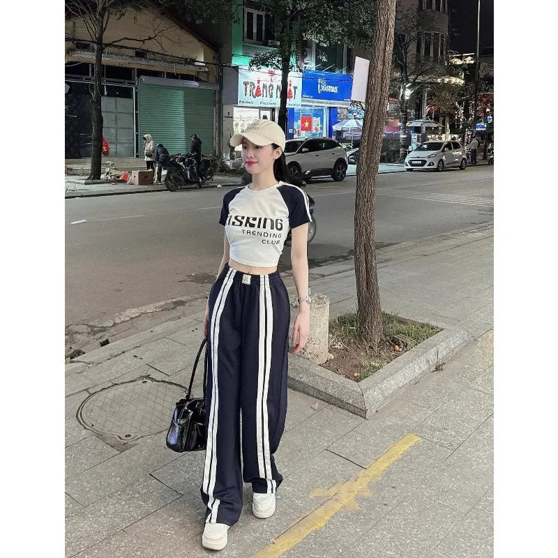 Fashion Suit Women's Summer New Shoulder Sleeves Short-sleeved T-shirt High Waist Wide Leg Pants Street Two-piece Set