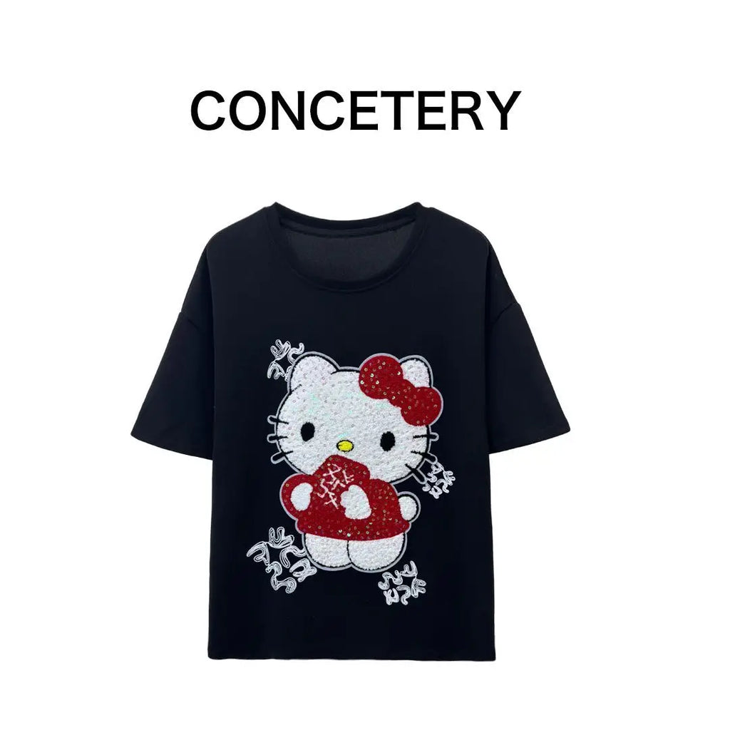 Cute Short-Sleeved Hello Kitty Summer New Style Cartoon Sequined Towel Embroidered T-Shirt for Women Popular Tops Fashionabl