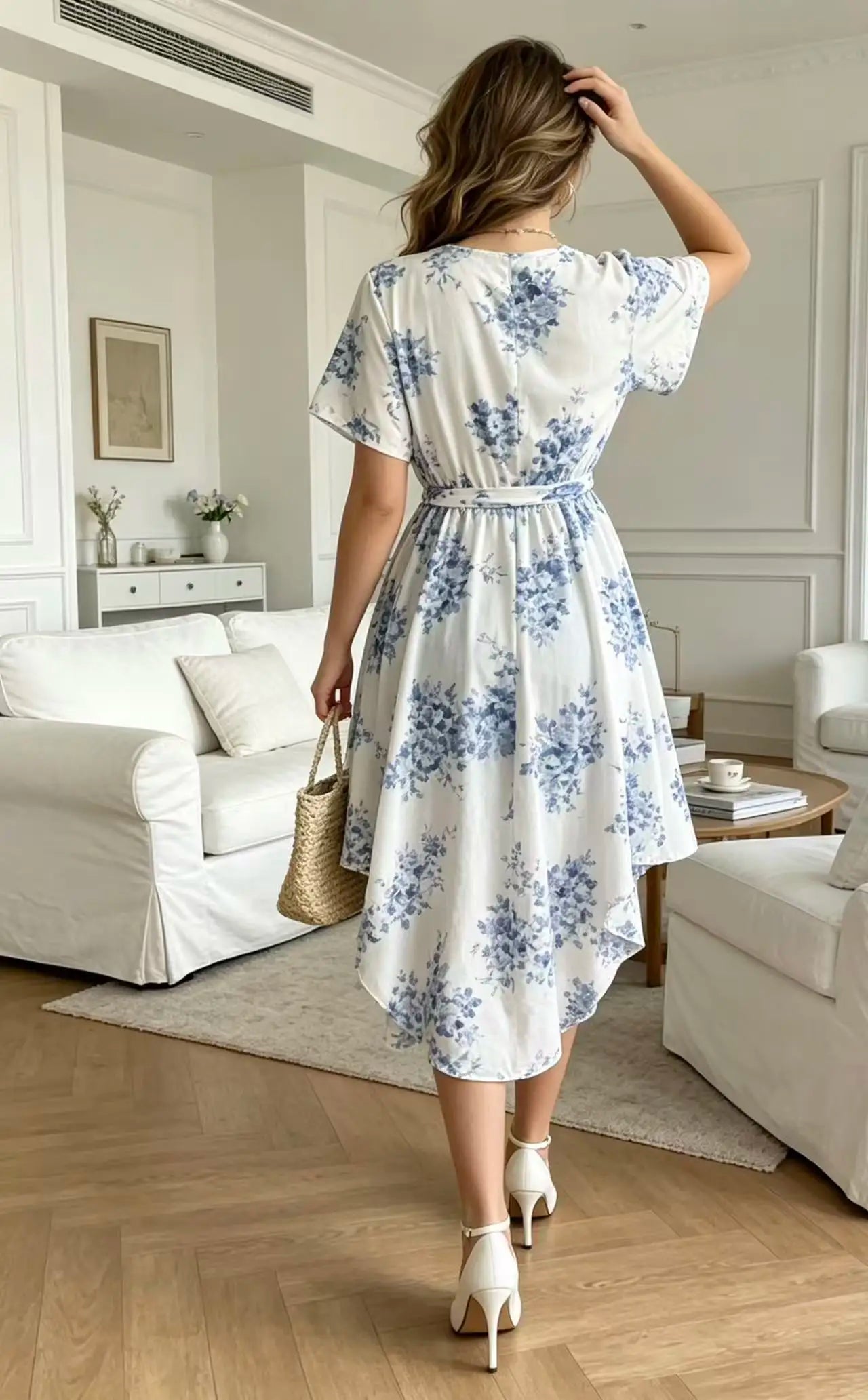 Plus Size Women's Summer New Blue and White Porcelain Style Irregular Cardigan Top V-Neck Waist Tie Cinch Shirt