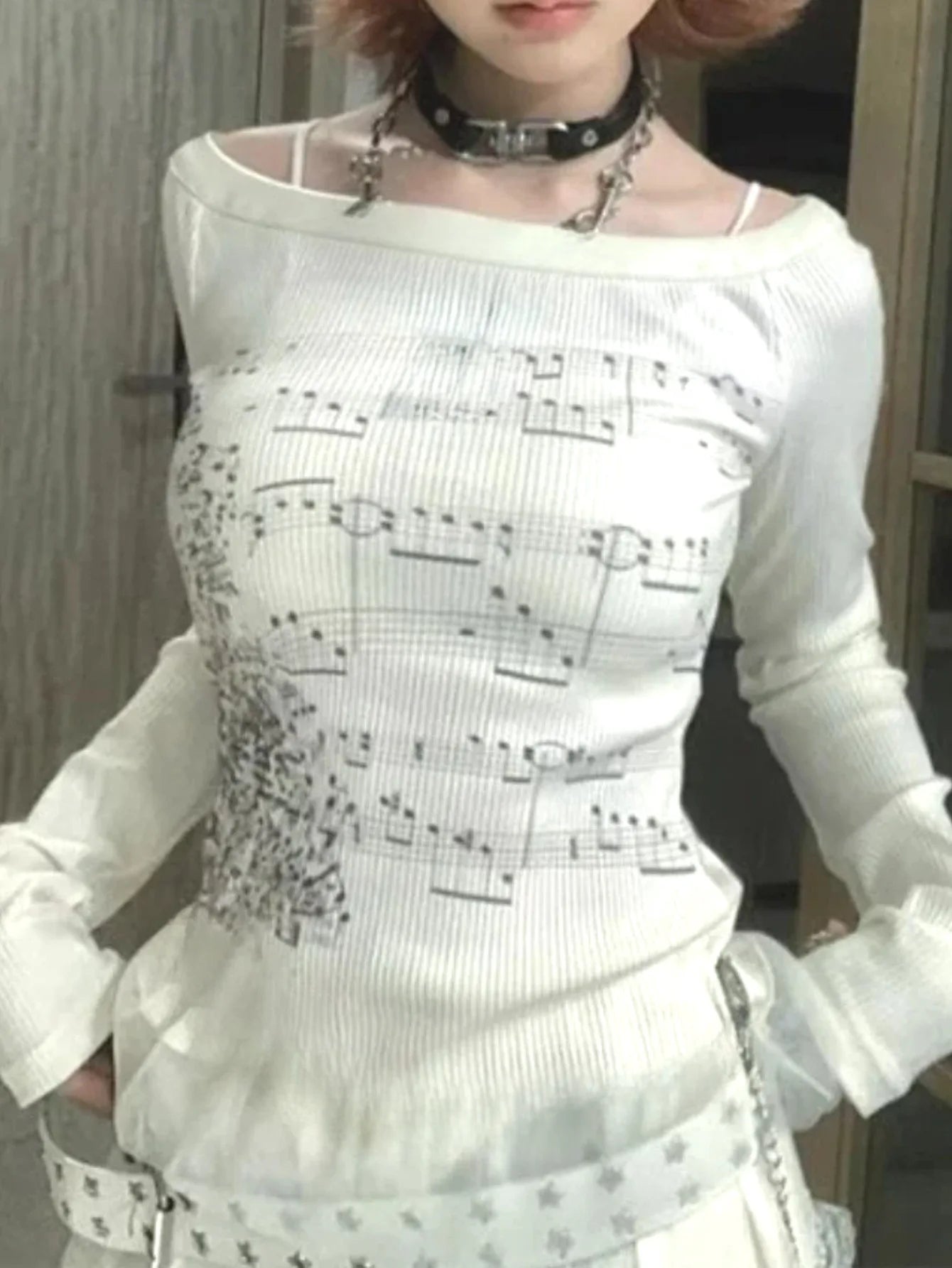 Music Note Print Long Sleeve Top Women Round Neck Casual Korean Style T Shirt Streetwear Harajuku Aesthetic Tee