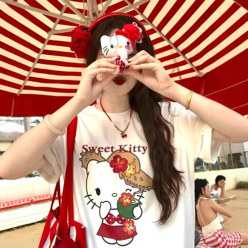 Short-Sleeved T-Shirt Summer New Hello Kitty Printed Cartoon Cute Sanrio Half-Sleeved T-Shirt Pure Cotton Shirt Women's Tops