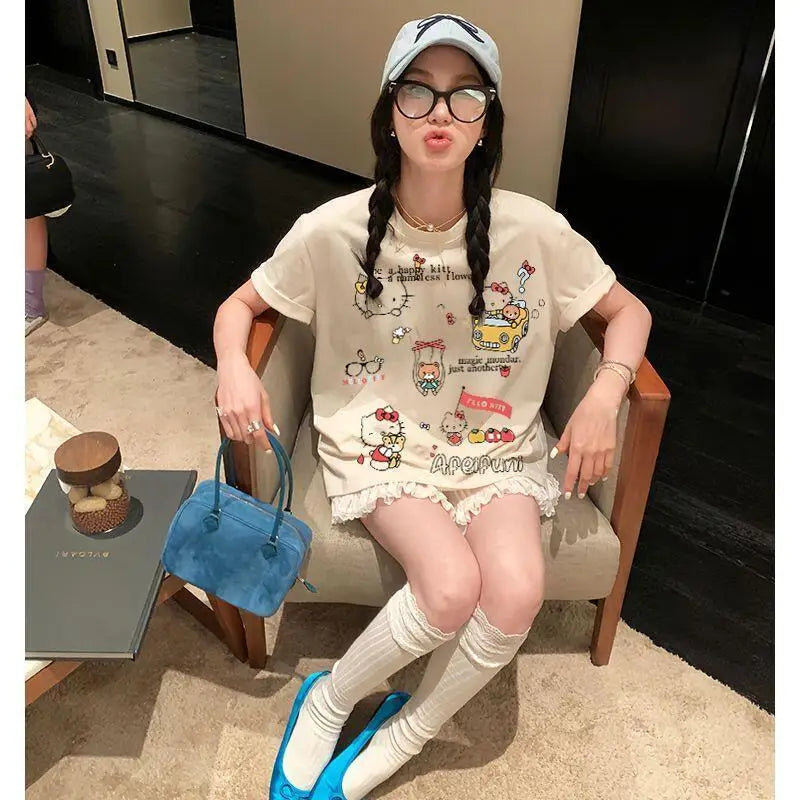 Summer Hello Kitty Cartoon Print Casual Versatile Popular Women's Tops Pure Cotton Short-Sleeved T-Shirt Large Size Women's Ins