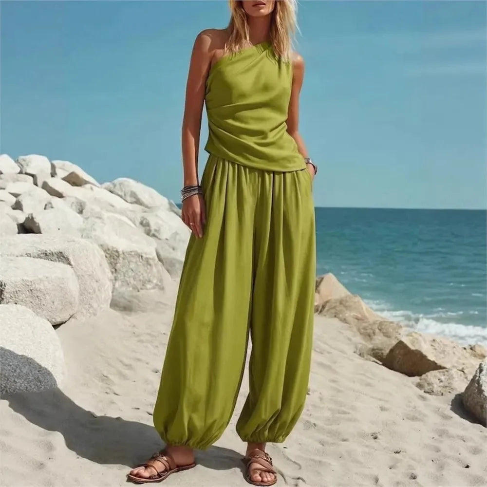 Fashion Slanted Shoulder Sleeveless Women's Tops Trousers 2 Piece Set Summer Casual Loose Wide-leg Trousers Female Vacation Set