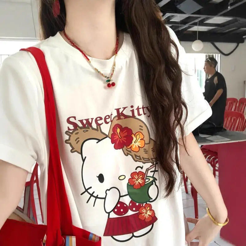 Short-Sleeved T-Shirt Summer New Hello Kitty Printed Cartoon Cute Sanrio Half-Sleeved T-Shirt Pure Cotton Shirt Women's Tops