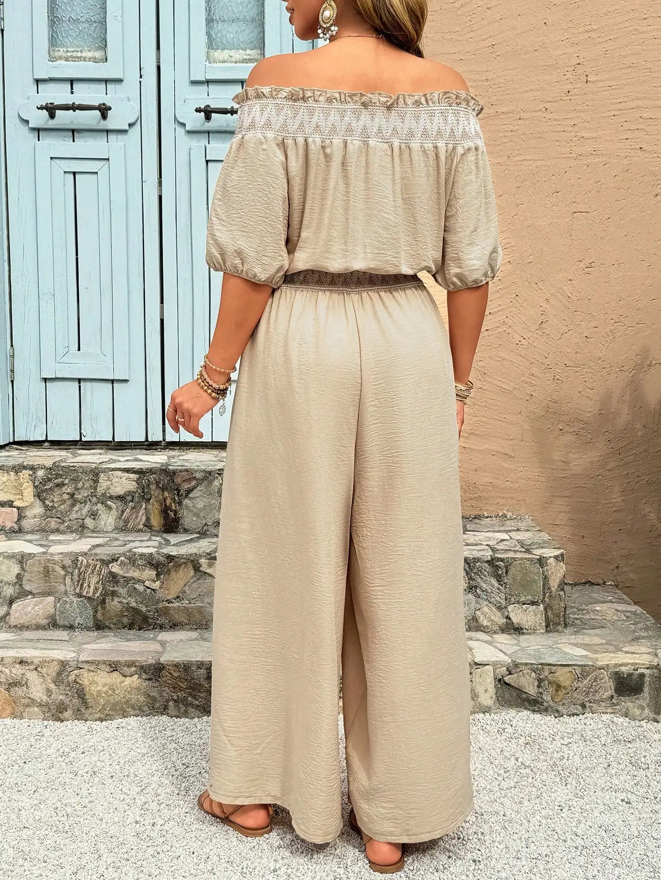 Women's Off-Shoulder Wide Leg Jumpsuit - Beige Textured Fabric with Lace Waistband for Summer & Resort Wear