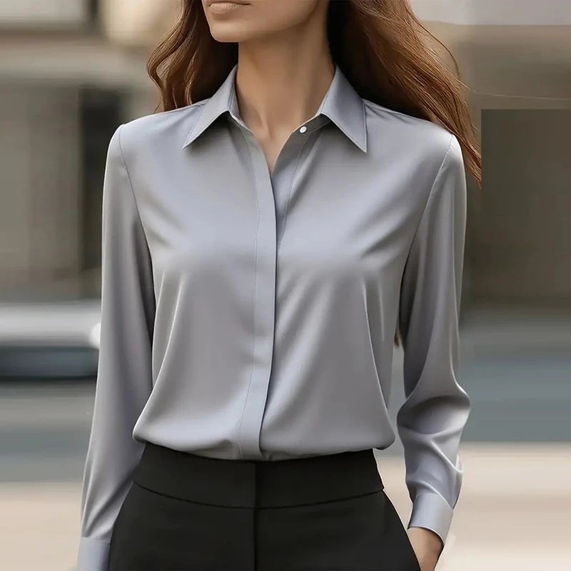 New Women's Office Blouse Long Sleeve Turn Down Collar Formal Shirt, Solid Colors Blue White Black Gray