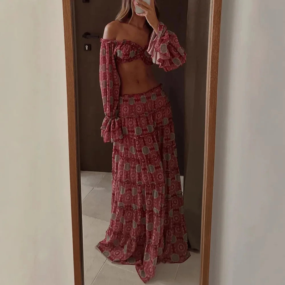 Vintage Print Skirt Two Piece Set Women Sexy Off Shoulder Cropped Top A-line Skirts 2 Piece Sets Fashion Vacation Style Clothing