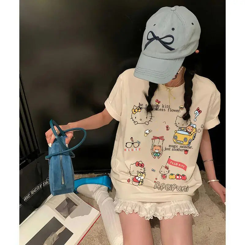 Summer Hello Kitty Cartoon Print Casual Versatile Popular Women's Tops Pure Cotton Short-Sleeved T-Shirt Large Size Women's Ins