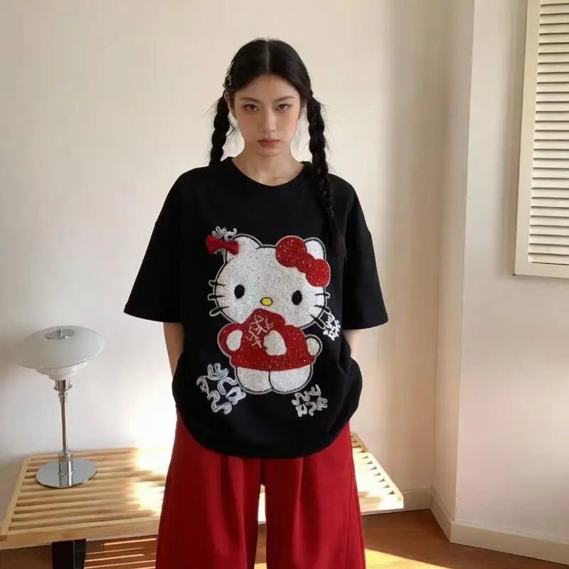 Cute Short-Sleeved Hello Kitty Summer New Style Cartoon Sequined Towel Embroidered T-Shirt for Women Popular Tops Fashionabl