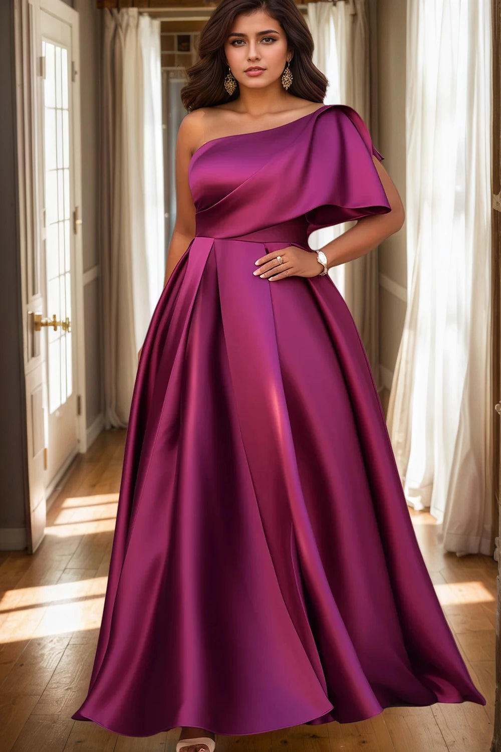 Women's Plus Size Evening Dress One Sleeve Pleated A-Line Elegant Wedding Guest Cocktail Maxi Dresses Off Shoulder Formal Dress