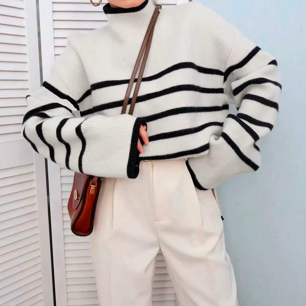 Women's Black and White Striped High Neck Sweater – Oversized Loose Fit Thick Knit Pullover, Long Sleeve Drop Shoulder Top for F