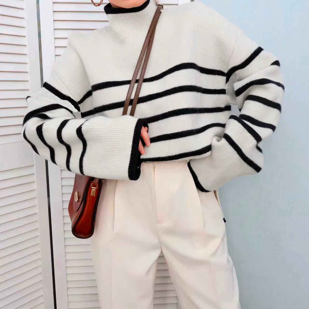 Women's Black and White Striped High Neck Sweater – Oversized Loose Fit Thick Knit Pullover, Long Sleeve Drop Shoulder Top for F