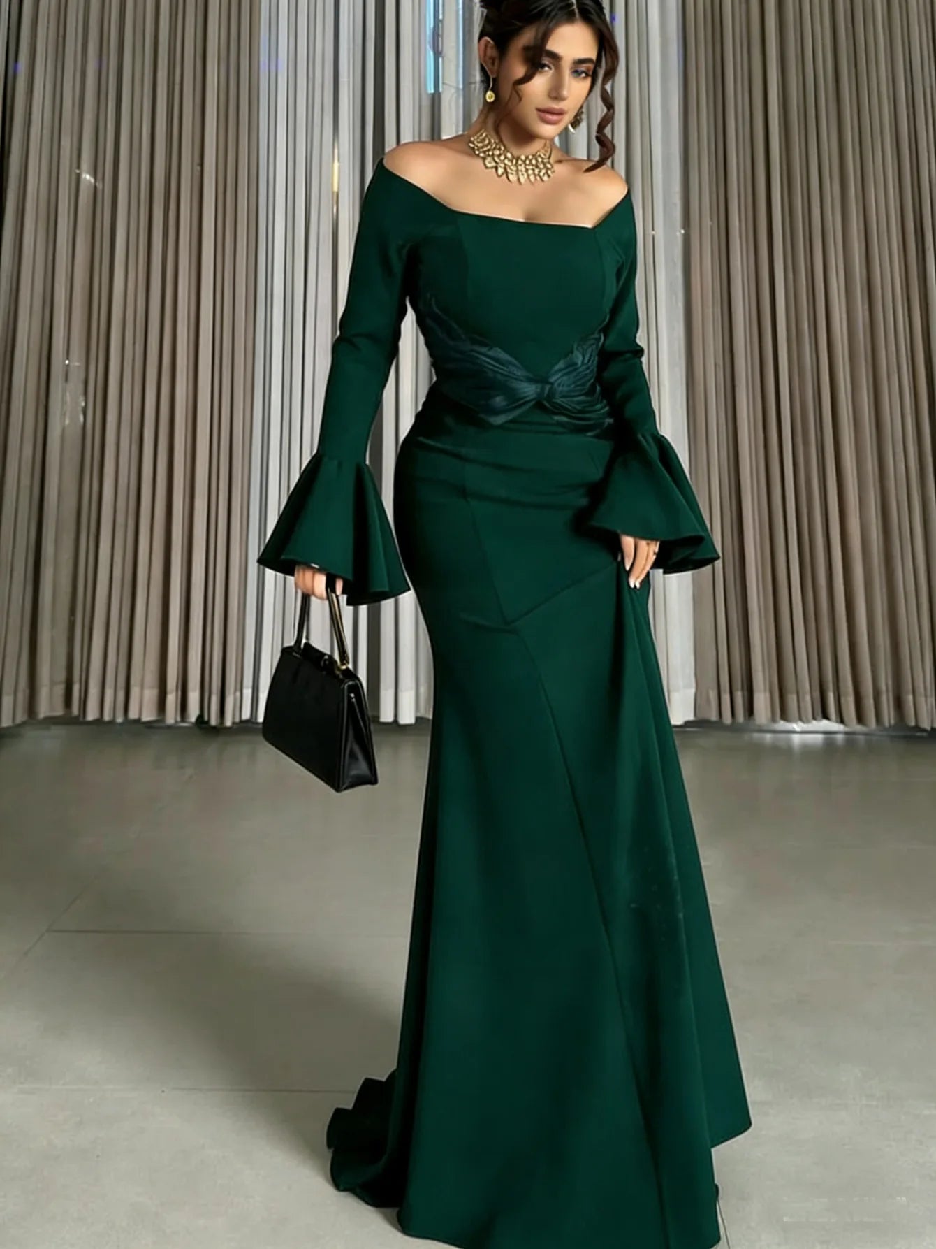 Women's Off Shoulder Mermaid Evening Dress Long Flare Sleeve Formal Party Gown
