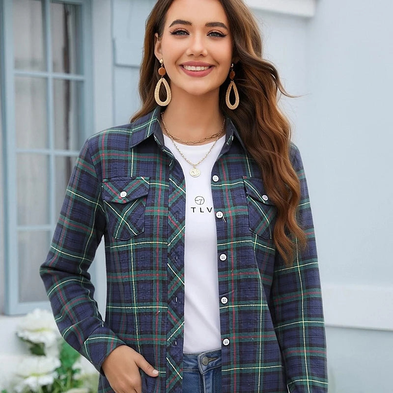 Women's Plaid Flannel Shirt Casual Long Sleeve Button Down Blouse Loose Fit Plaid Top For Spring Fall Daily Wear