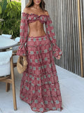 Vintage Print Skirt Two Piece Set Women Sexy Off Shoulder Cropped Top A-line Skirts 2 Piece Sets Fashion Vacation Style Clothing