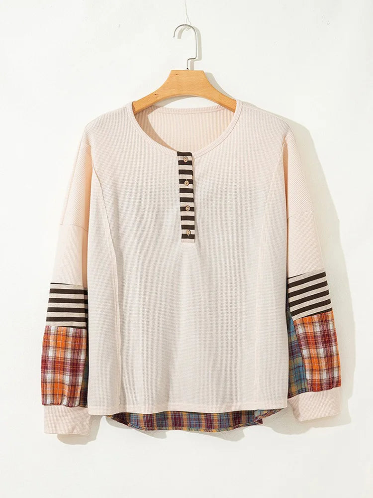 GIBSIE Plus Size Button Front O-Neck Plaid Sweatshirt Women Autumn 2025 New Drop Long Sleeve Loose Casual Pullover Tops