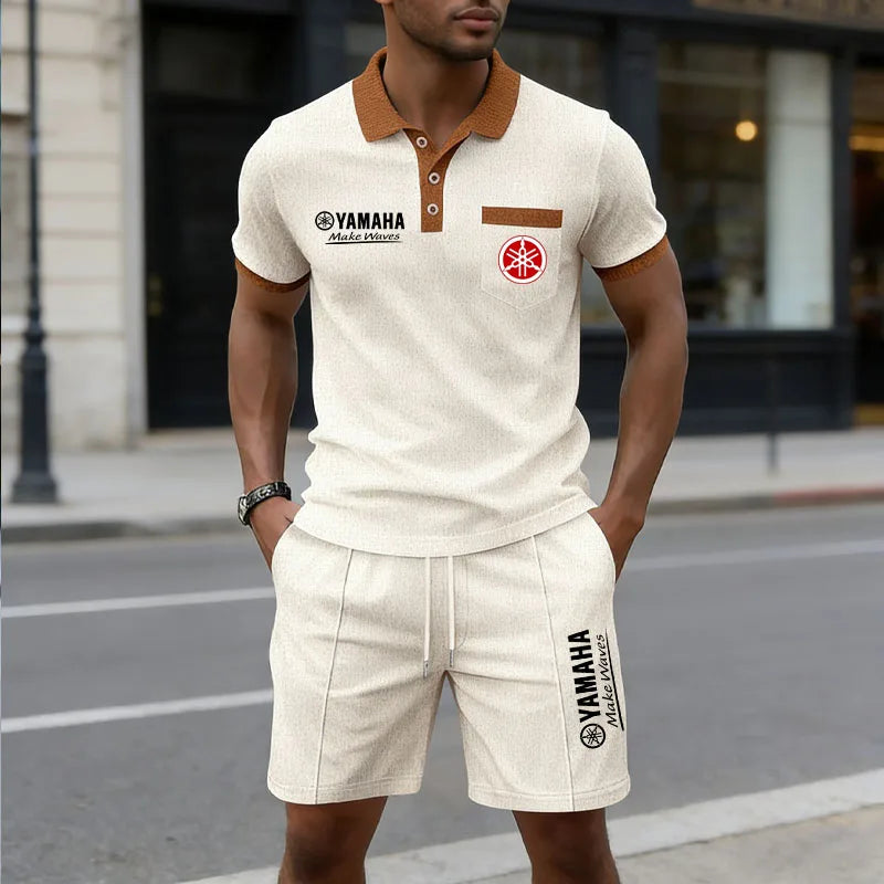Yamaha Men's Multi-Color Waffle Knit Short Sleeve & Shorts Set, Casual Breathable Sweat-Absorbent Polo Outfit Daily Street Wear.