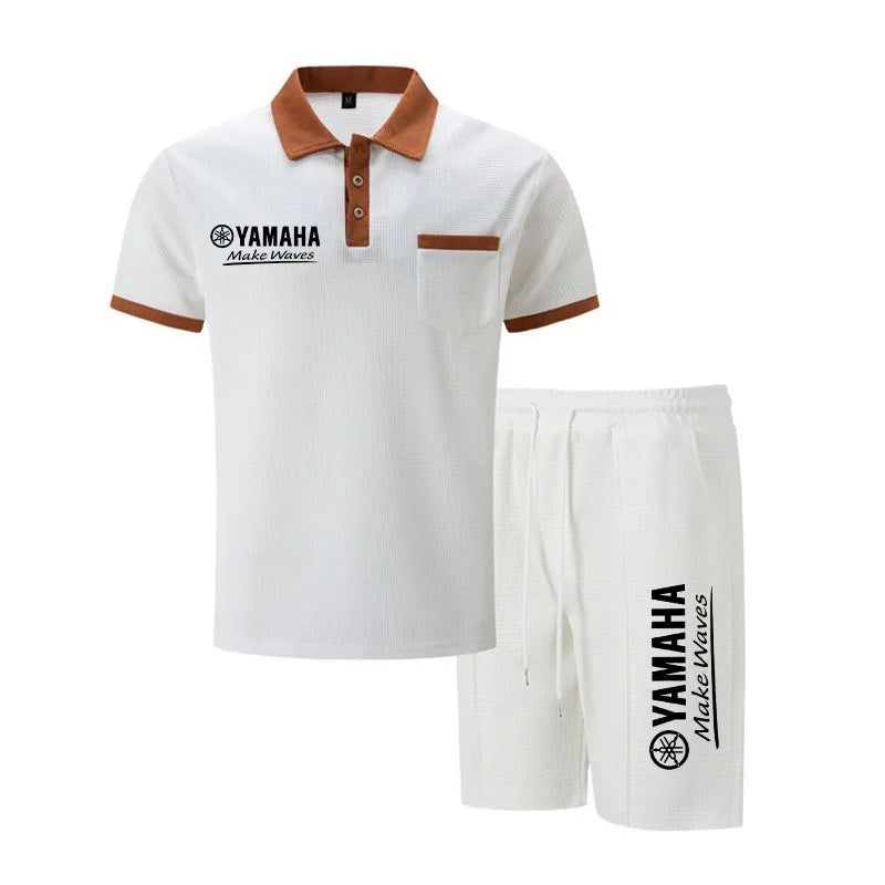 Yamaha Men's Multi-Color Waffle Knit Short Sleeve & Shorts Set, Casual Breathable Sweat-Absorbent Polo Outfit Daily Street Wear.