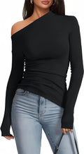 Off-Shoulder Long Sleeve T-Shirt Women, Slim Fit Solid Color Basic Top for Autumn Winter Casual Wear