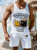 Fun Beer Quick-Dry Sports Two-Piece Set: Breathable Sleeveless Top and Beach Shorts for Men Including Beer Mug