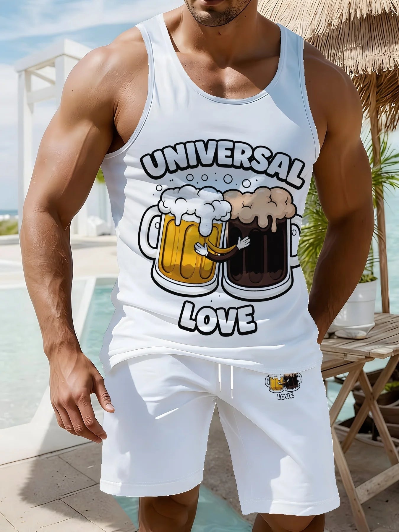 Fun Beer Quick-Dry Sports Two-Piece Set: Breathable Sleeveless Top and Beach Shorts for Men Including Beer Mug