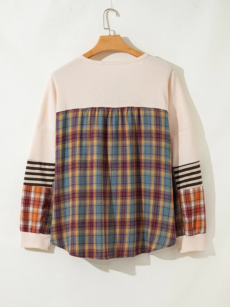 GIBSIE Plus Size Button Front O-Neck Plaid Sweatshirt Women Autumn 2025 New Drop Long Sleeve Loose Casual Pullover Tops