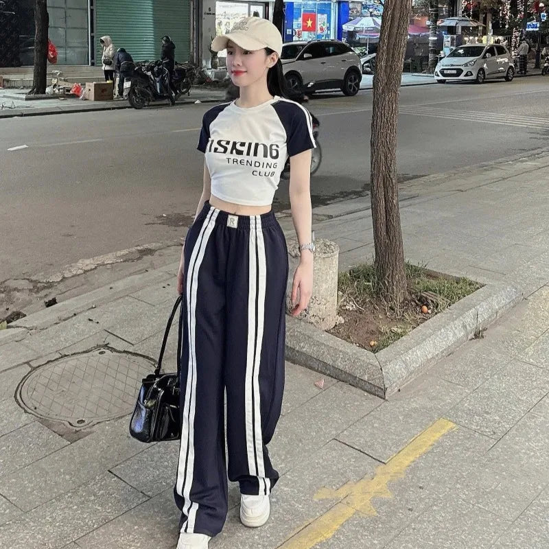Fashion Suit Women's Summer New Shoulder Sleeves Short-sleeved T-shirt High Waist Wide Leg Pants Street Two-piece Set