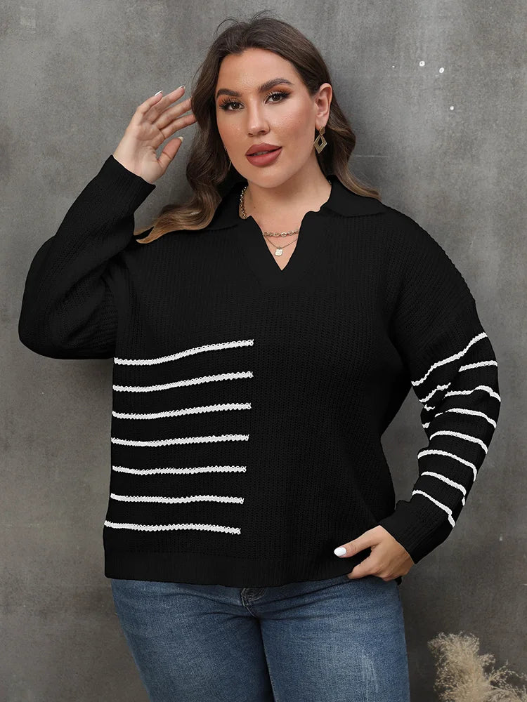 GIBSIE Plus Size Drop Shoulder Striped Knitted Pullover Sweater Women 2023 Autumn Winter Casual Long Sleeve Black White Sweaters