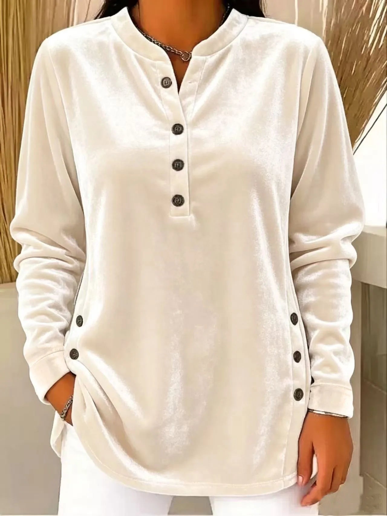 Women's Winter Blouse Longsleeve Velvet V Neck T Shirt Casual Split Hem Patchwork Top Light Blue Dusty Pink Lavender Purple