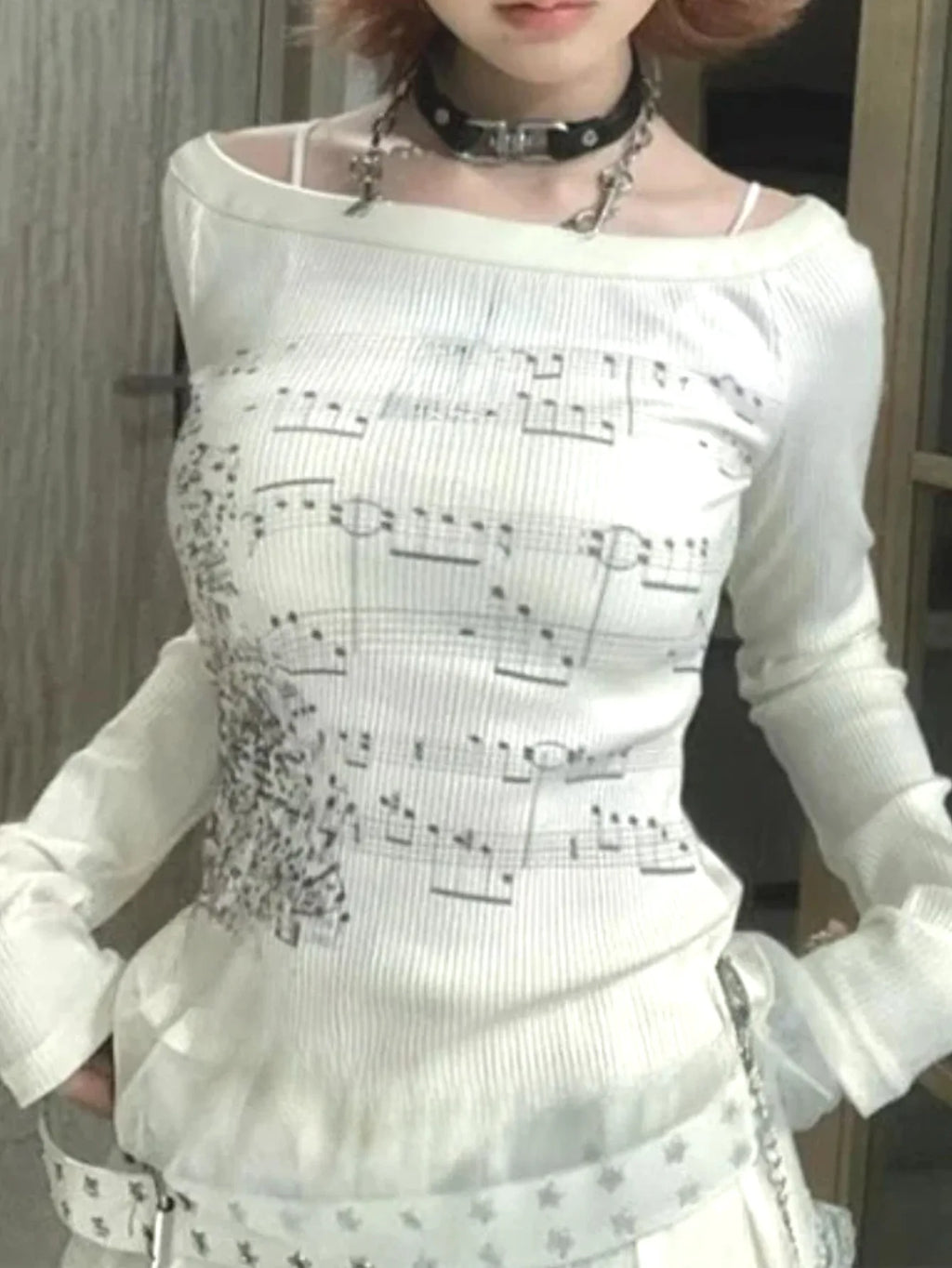 Music Note Print Long Sleeve Top Women Round Neck Casual Korean Style T Shirt Streetwear Harajuku Aesthetic Tee
