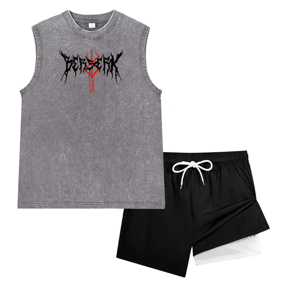Men Vintage Washed Sleeveless Tank Top Double Layer Compression Liner Drawstring Beach Shorts Spiky Blackmetal Typography Print