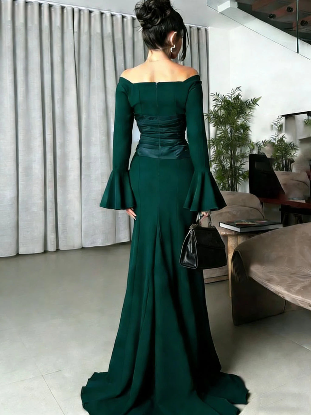Women's Off Shoulder Mermaid Evening Dress Long Flare Sleeve Formal Party Gown