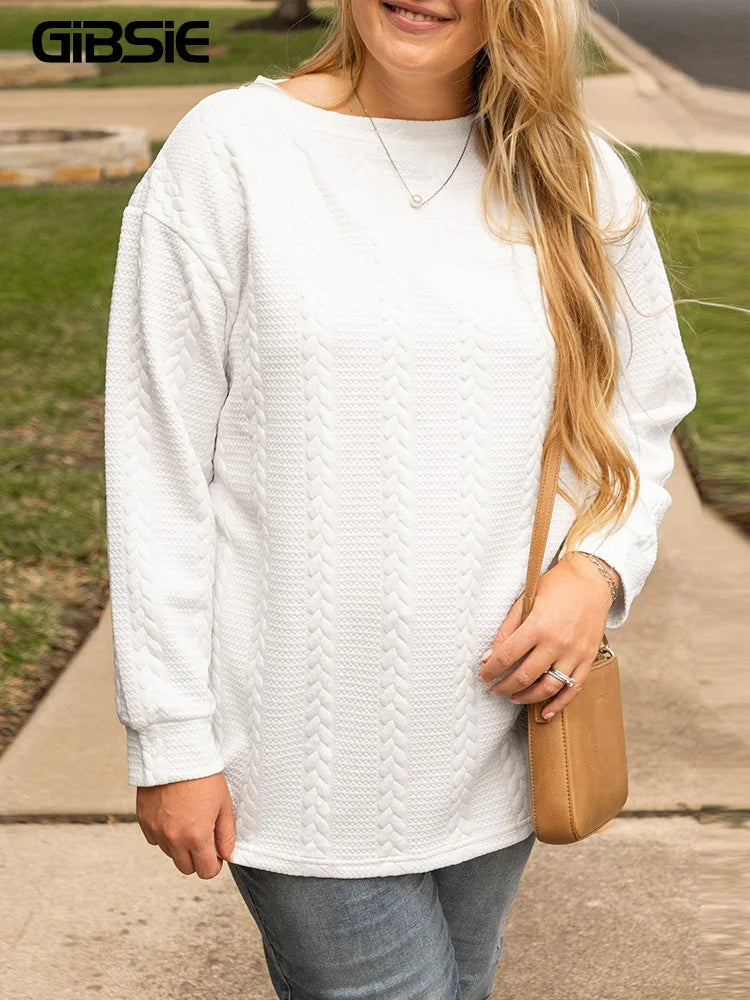 GIBSIE Plus Size Solid Color O-Neck Long Sleeve Pullovers Women 2025 Autumn New Casual Drop Shoulder Loose Sweatshirts Top
