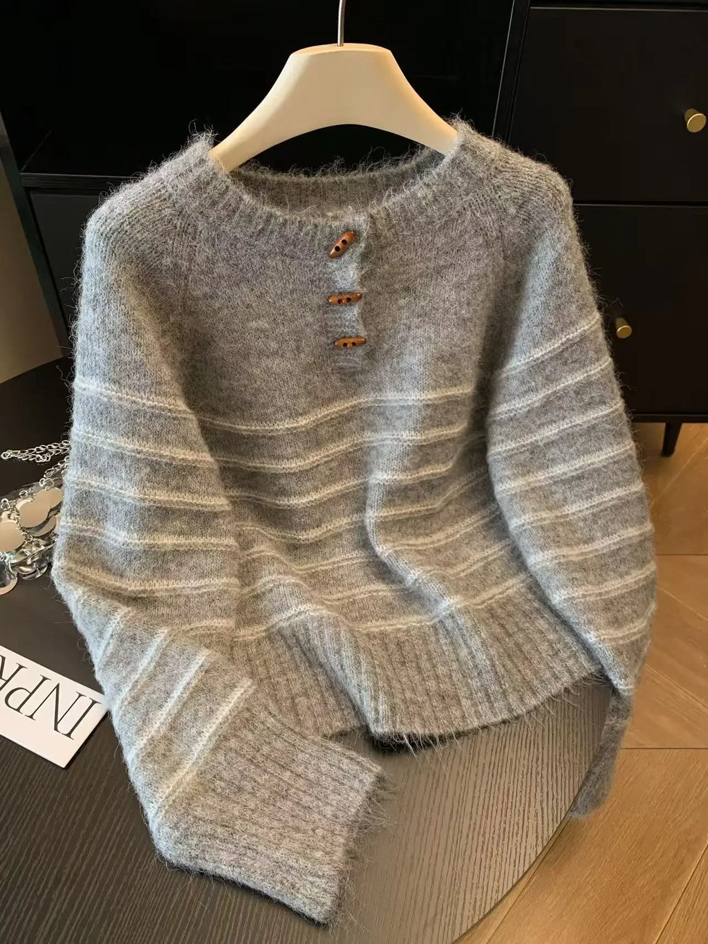 Autumn Winter Women's Striped Wool Cashmere Sweater, Loose Warm Knitted Pullover Base Shirt