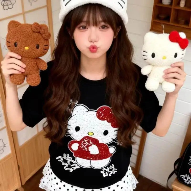 Cute Short-Sleeved Hello Kitty Summer New Style Cartoon Sequined Towel Embroidered T-Shirt for Women Popular Tops Fashionabl
