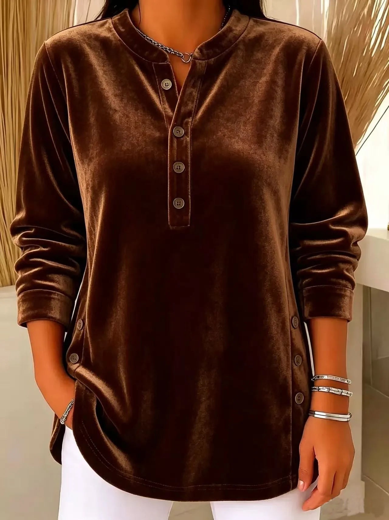 Women's Winter Blouse Longsleeve Velvet V Neck T Shirt Casual Split Hem Patchwork Top Light Blue Dusty Pink Lavender Purple