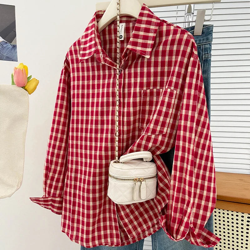 Korean-style Vintage Plaid Shirt New Spring And Autumn Casual Versatile Top Loose And Slimming Versatile College-style Shirt