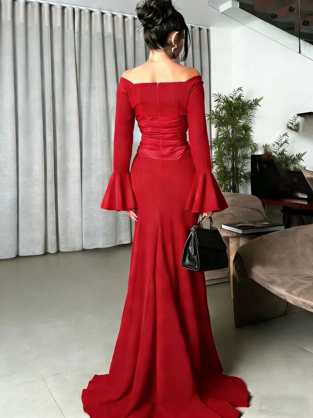 Women's Off Shoulder Mermaid Evening Dress Long Flare Sleeve Formal Party Gown