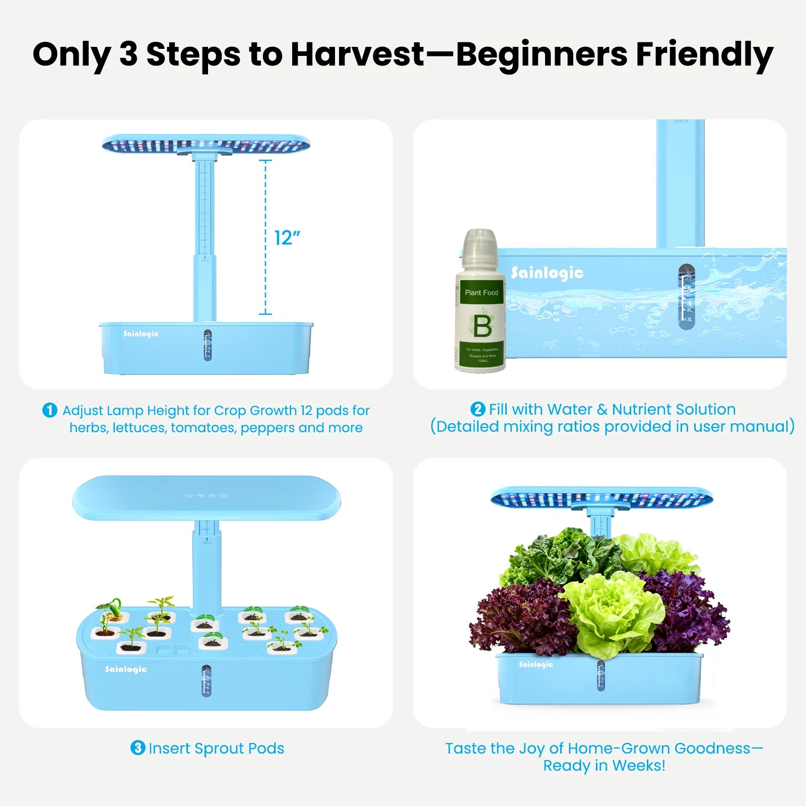 Smart Hydroponics Growing System, APP & WiFi Controlled, 12 Pods, Silent Auto Water Pump, Home Herb Garden Planting Kit