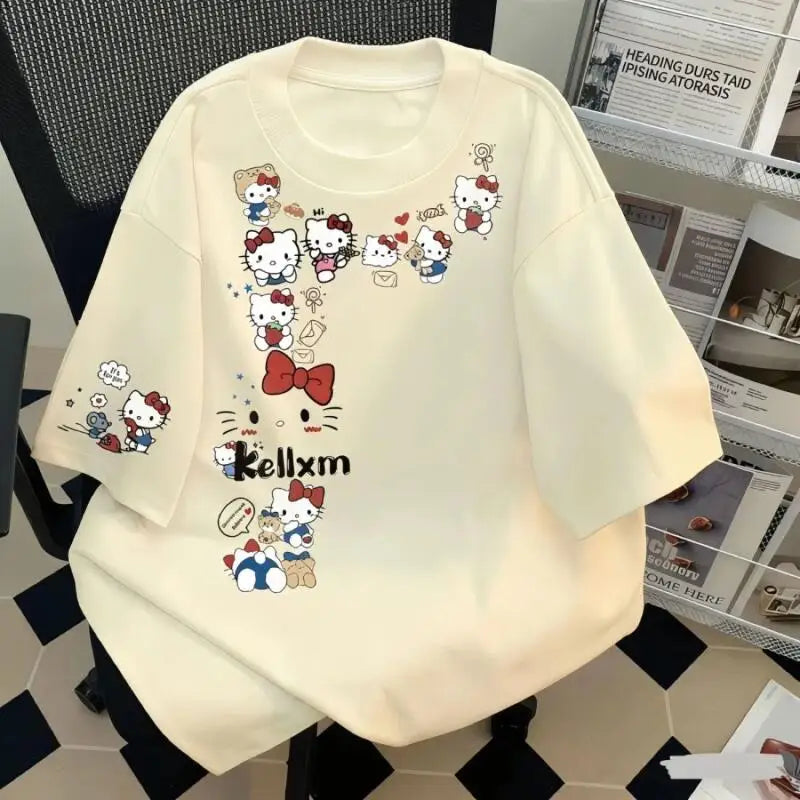 Short-Sleeved T-Shirt Hello Kitty Summer Popular Lazy Style Sanrio Women's Versatile Tops Cartoon Loose Unique Design Leisure