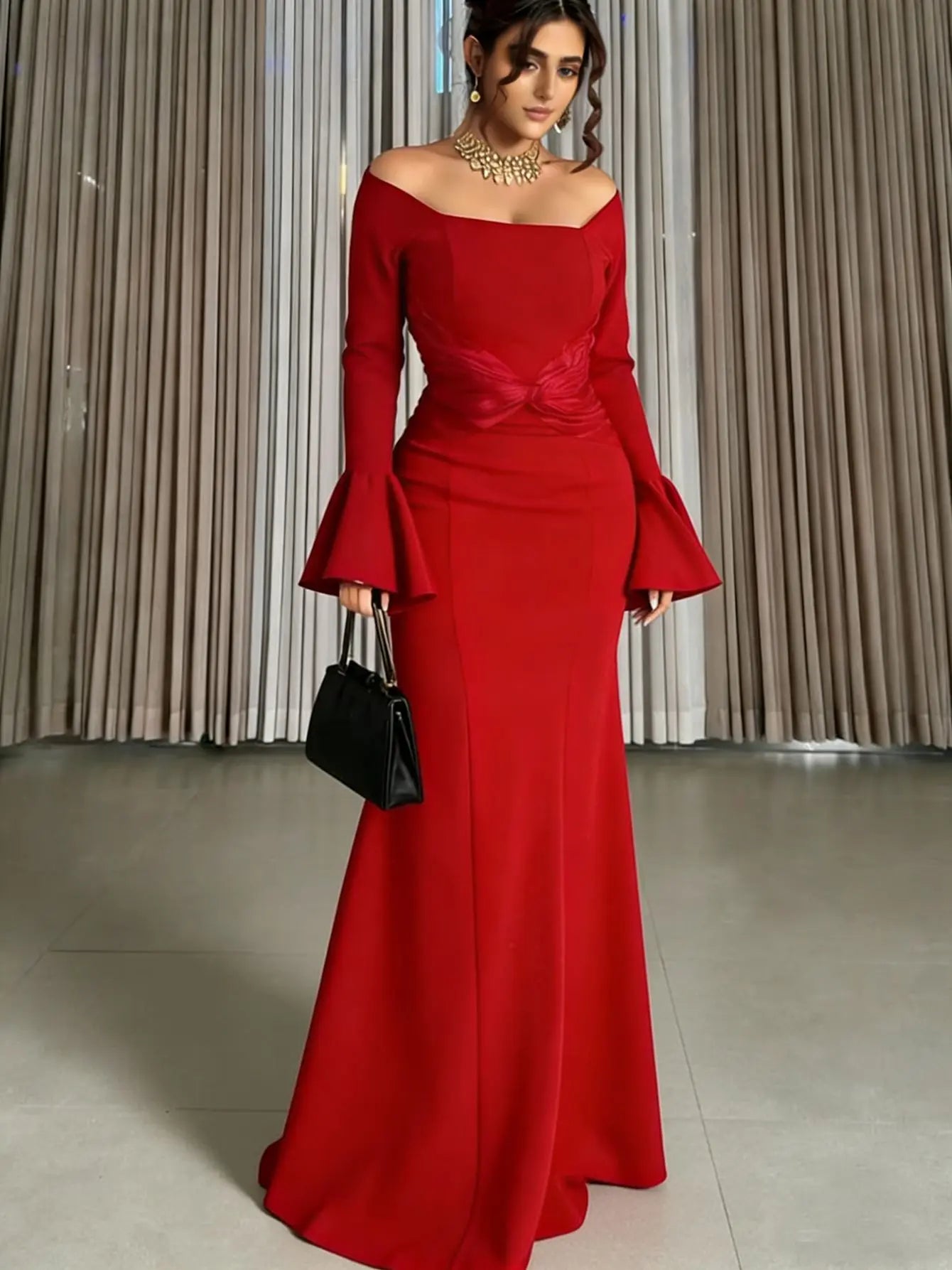 Women's Off Shoulder Mermaid Evening Dress Long Flare Sleeve Formal Party Gown