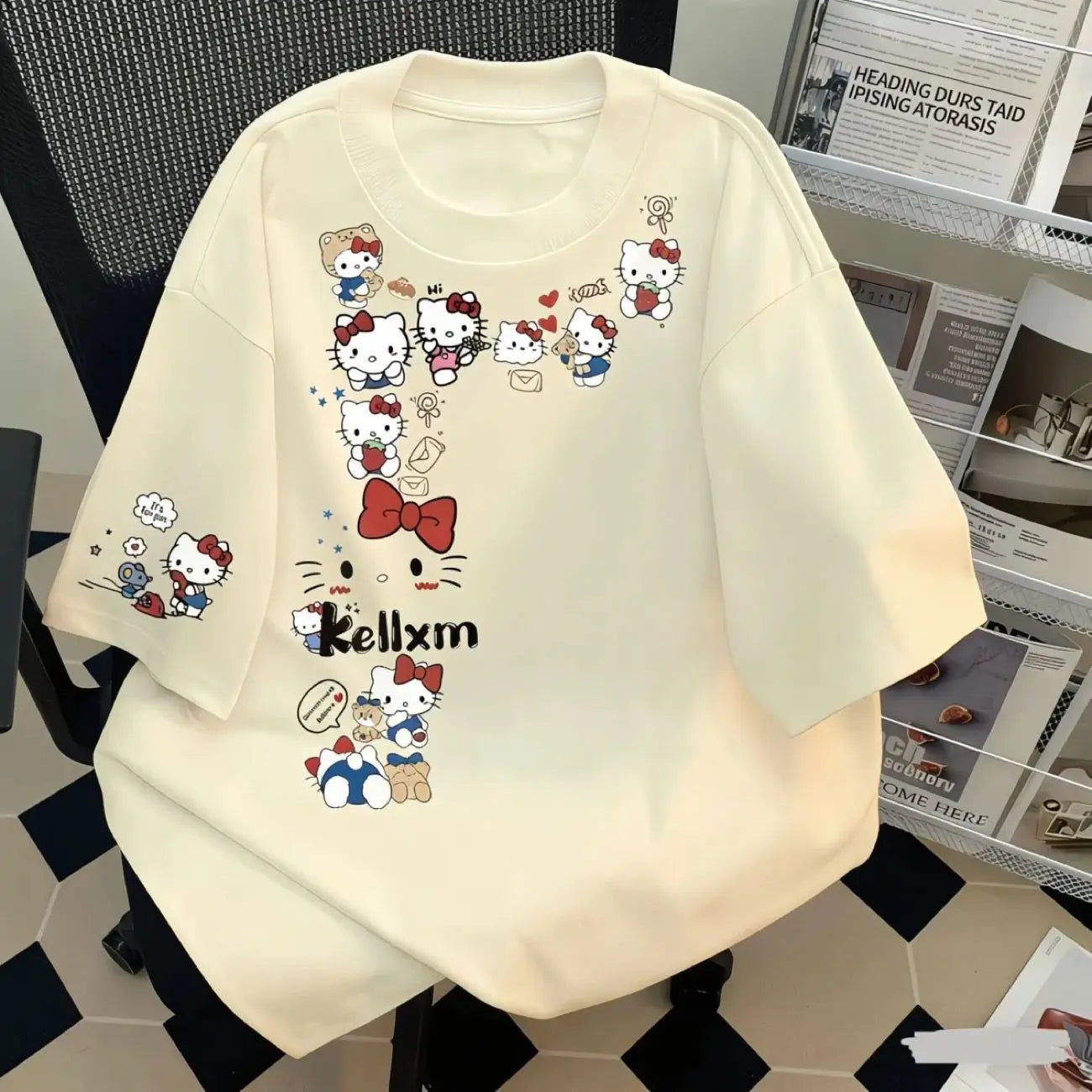 Short-Sleeved T-Shirt Hello Kitty Summer Popular Lazy Style Sanrio Women's Versatile Tops Cartoon Loose Unique Design Leisure