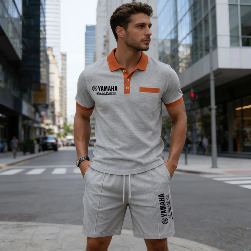 Yamaha Men's Multi-Color Waffle Knit Short Sleeve & Shorts Set, Casual Breathable Sweat-Absorbent Polo Outfit Daily Street Wear.