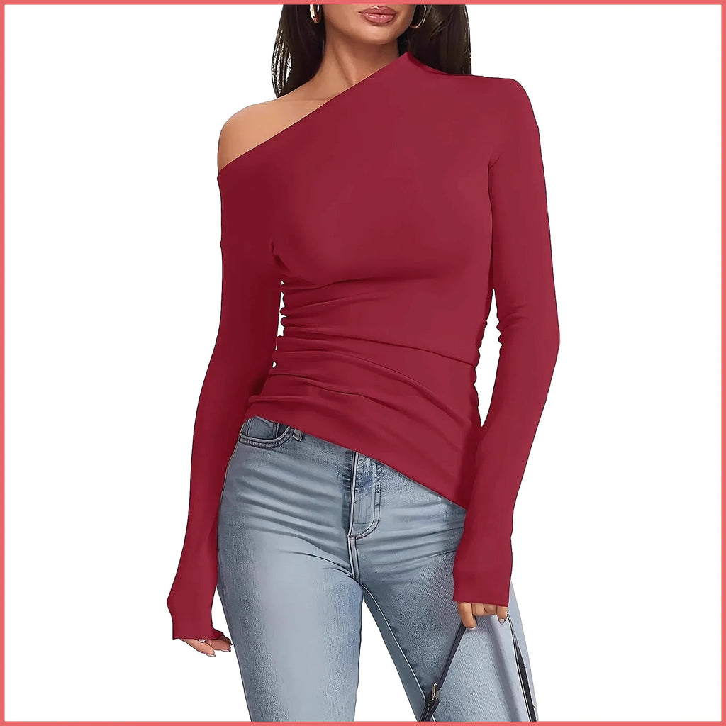 Off-Shoulder Long Sleeve T-Shirt Women, Slim Fit Solid Color Basic Top for Autumn Winter Casual Wear