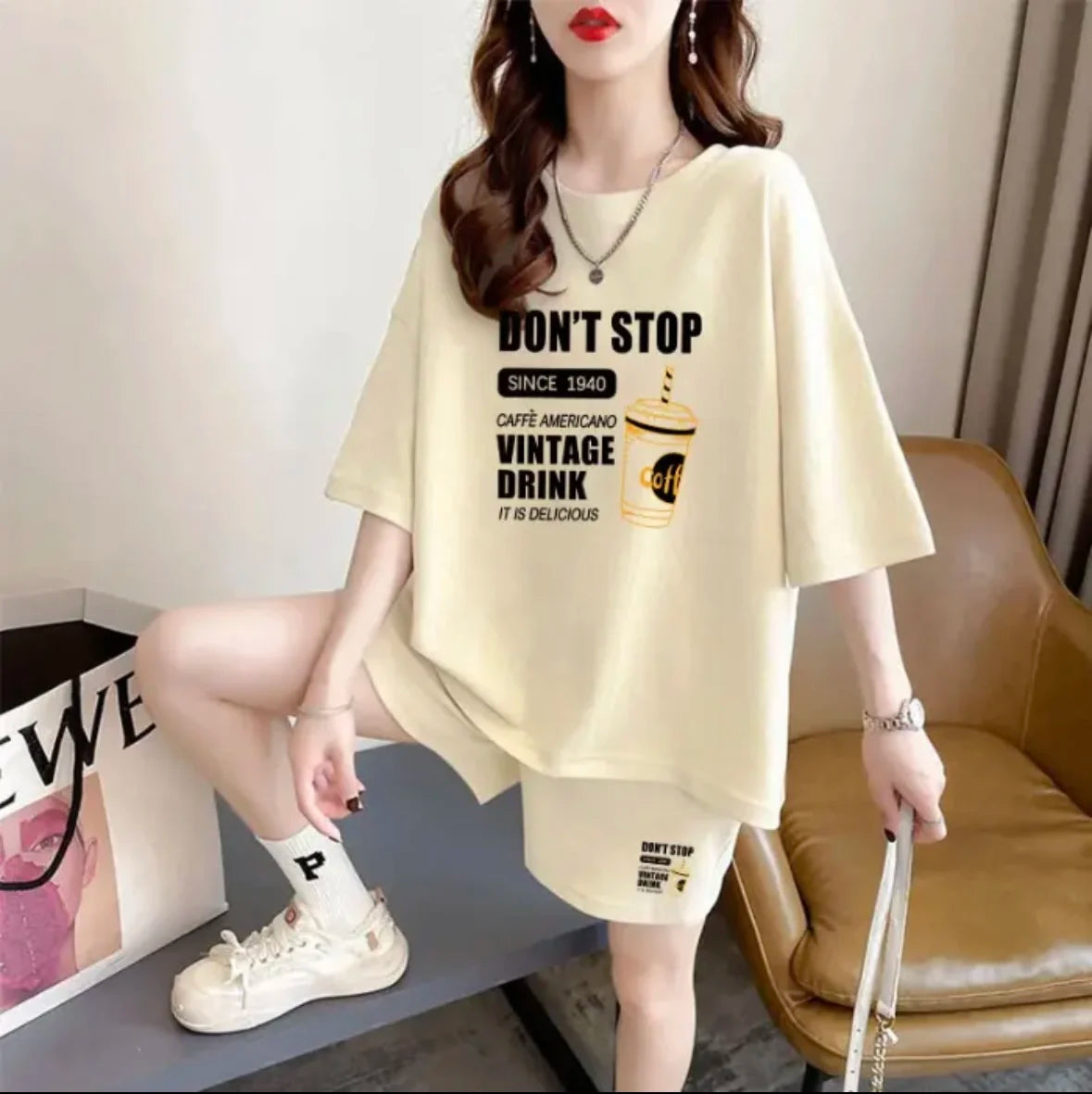 Fashion women's summer shorts set, sportswear, oversized short sleeved T-shirt, 2-piece set, sportswear, women's casual clothing