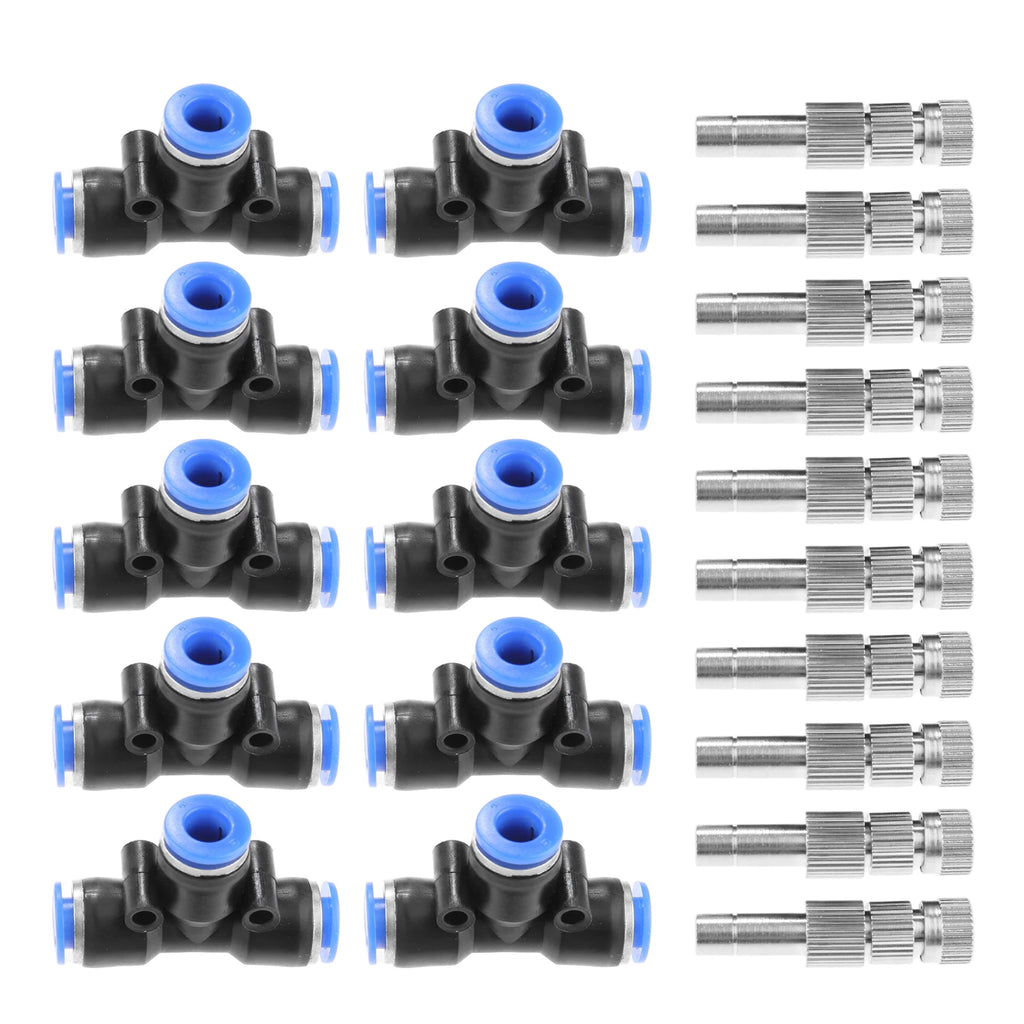 20 Pcs/set Misting Nozzles Kit 0.3mm Misting System Heads with 1/4" Water Misting Nozzle Tees Sprayer for Outdoor Cooling System