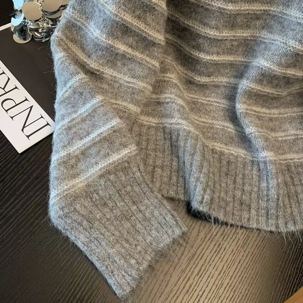 Autumn Winter Women's Striped Wool Cashmere Sweater, Loose Warm Knitted Pullover Base Shirt