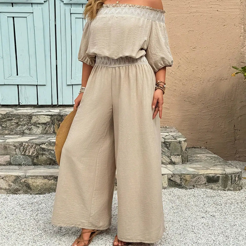 Women's Off-Shoulder Wide Leg Jumpsuit - Beige Textured Fabric with Lace Waistband for Summer & Resort Wear